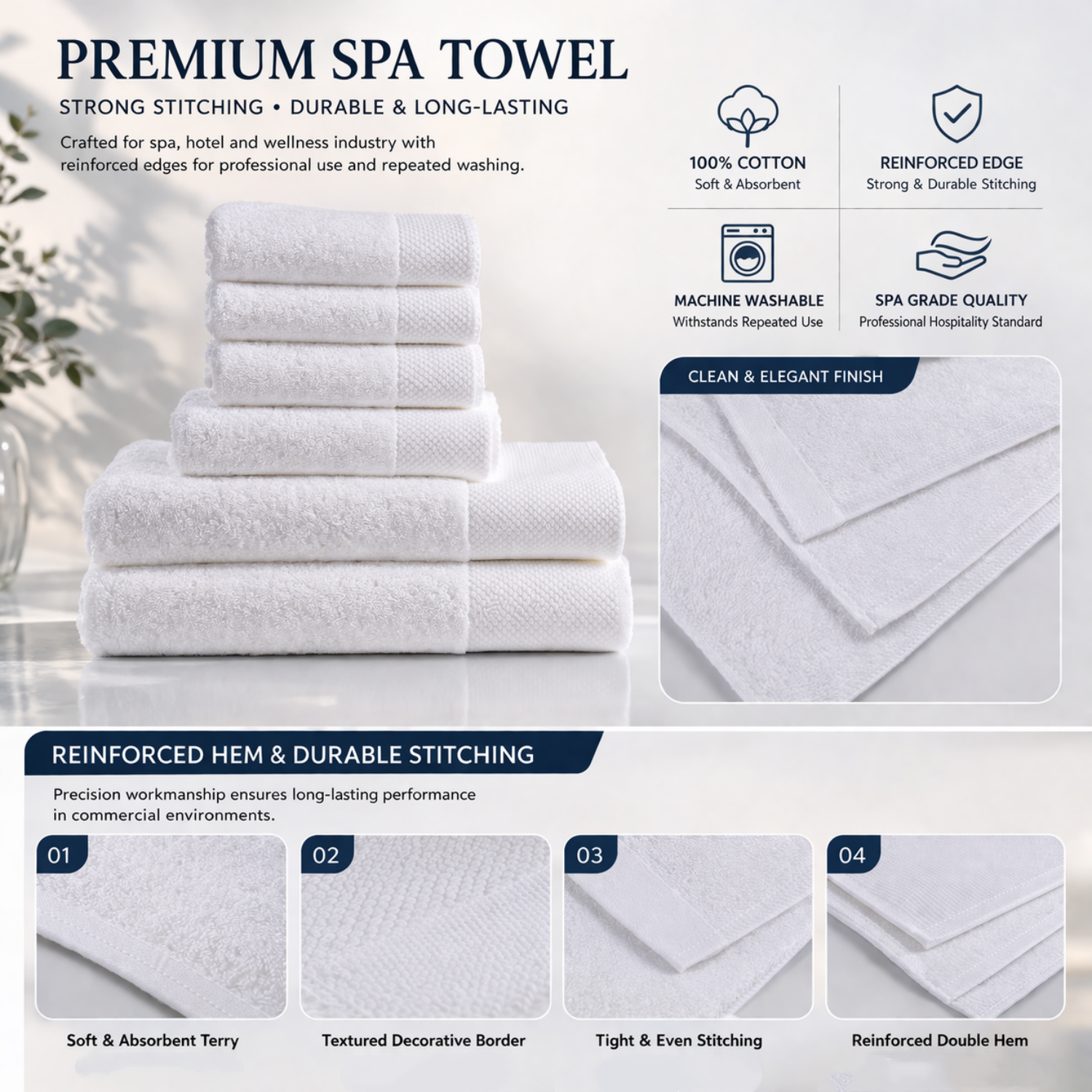 100% Cotton hotel towels are comfortable and durable, suitable for hotels, spas and resorts.