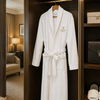 White Knitting Waffle Bathrobes Polycotton 280GSM Shawl Collar with Gold Embroidery Logo for Hotel Use
