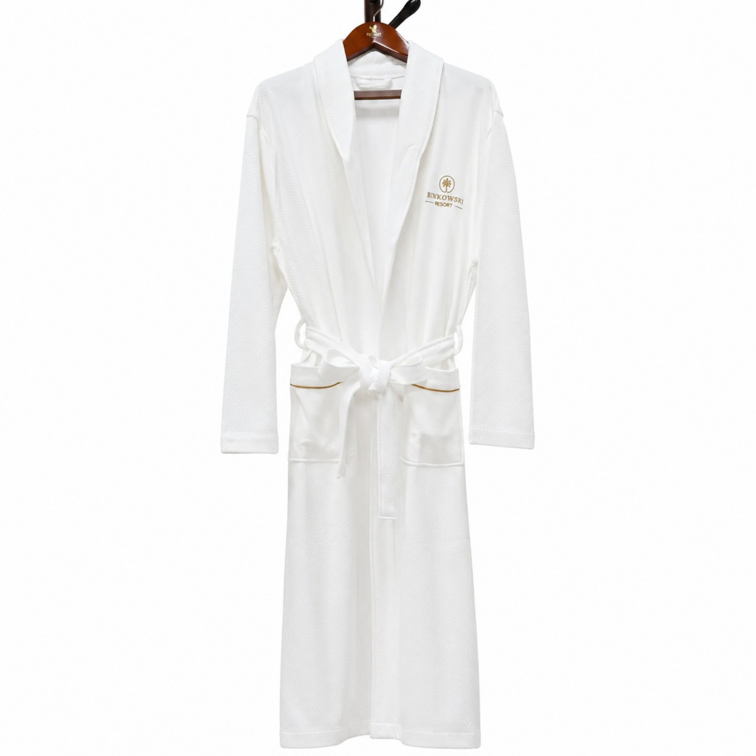 White Knitting Waffle Bathrobes Polycotton 280GSM Shawl Collar with Gold Embroidery Logo for Hotel Use