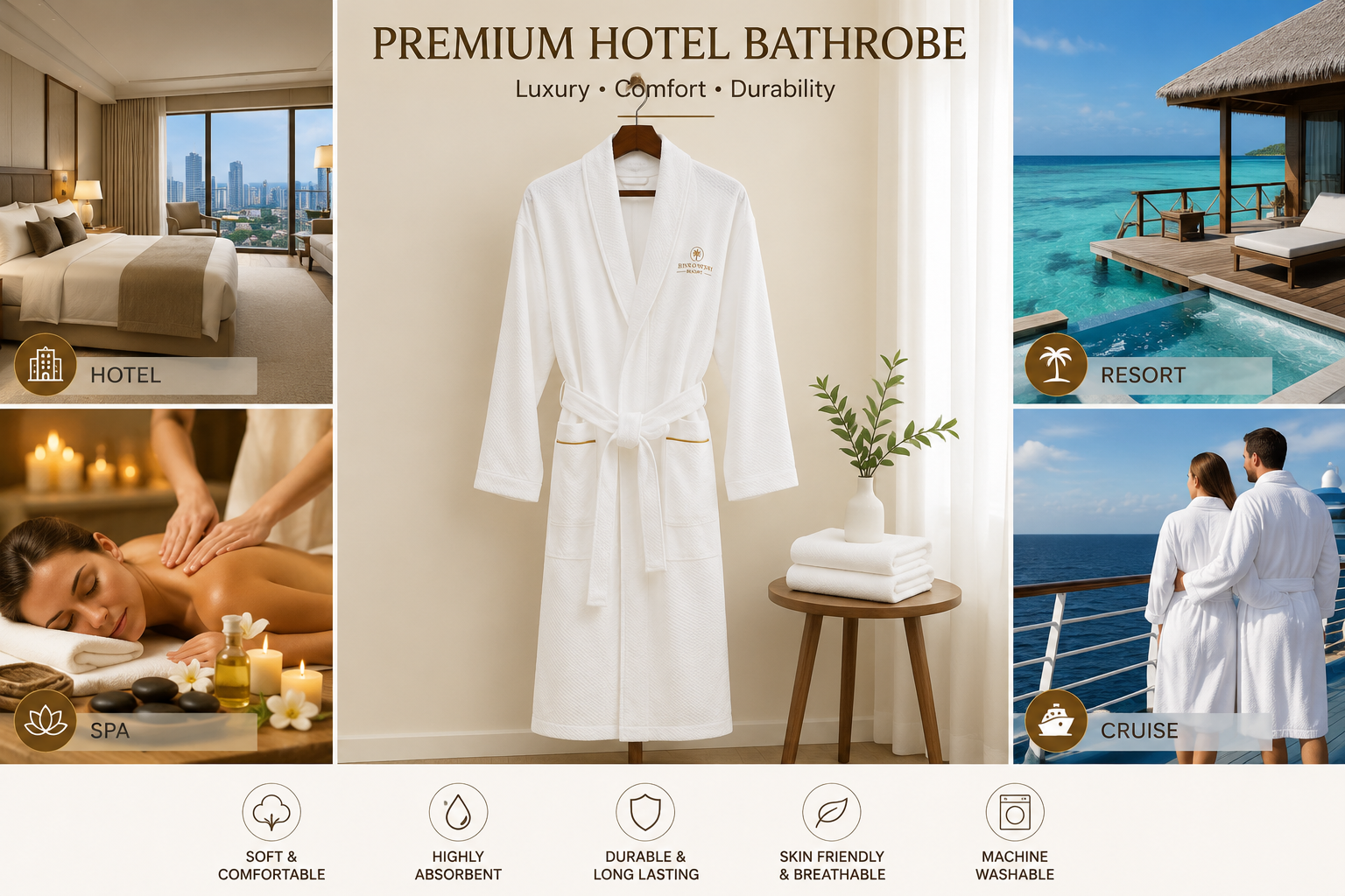 White Knitting Waffle Bathrobes Polycotton 280GSM Shawl Collar with Gold Embroidery Logo for Hotel Use