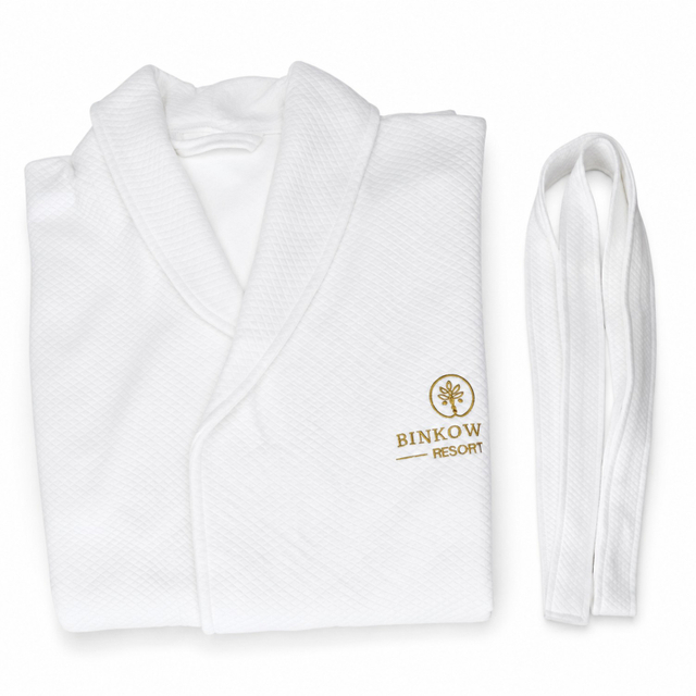 White Knitting Waffle Bathrobes Polycotton 280GSM Shawl Collar with Gold Embroidery Logo for Hotel Use